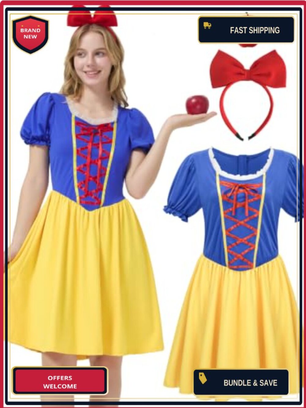 Women's Princess Costume Dress Set with Headband & Apple Prop
